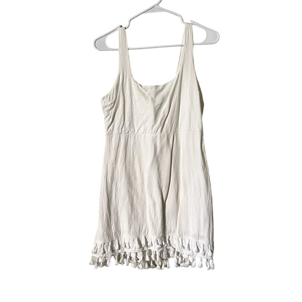 Lulus white rayon linen dress summer sundress boho chic detail square neckline